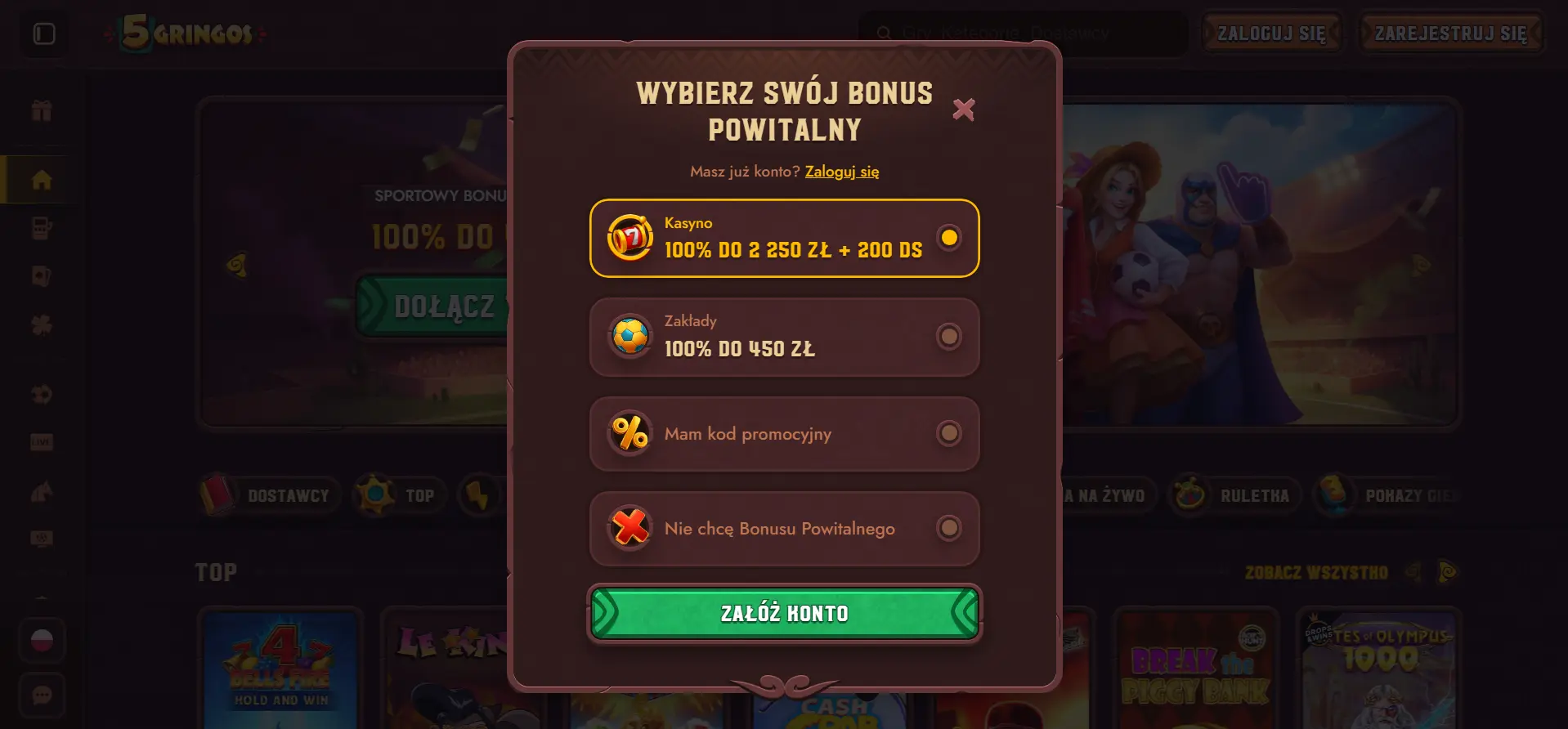 Rejestracja w 5 Gringos Casino