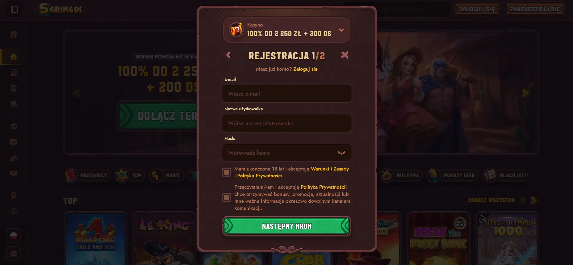 Rejestracja w 5 Gringos Casino