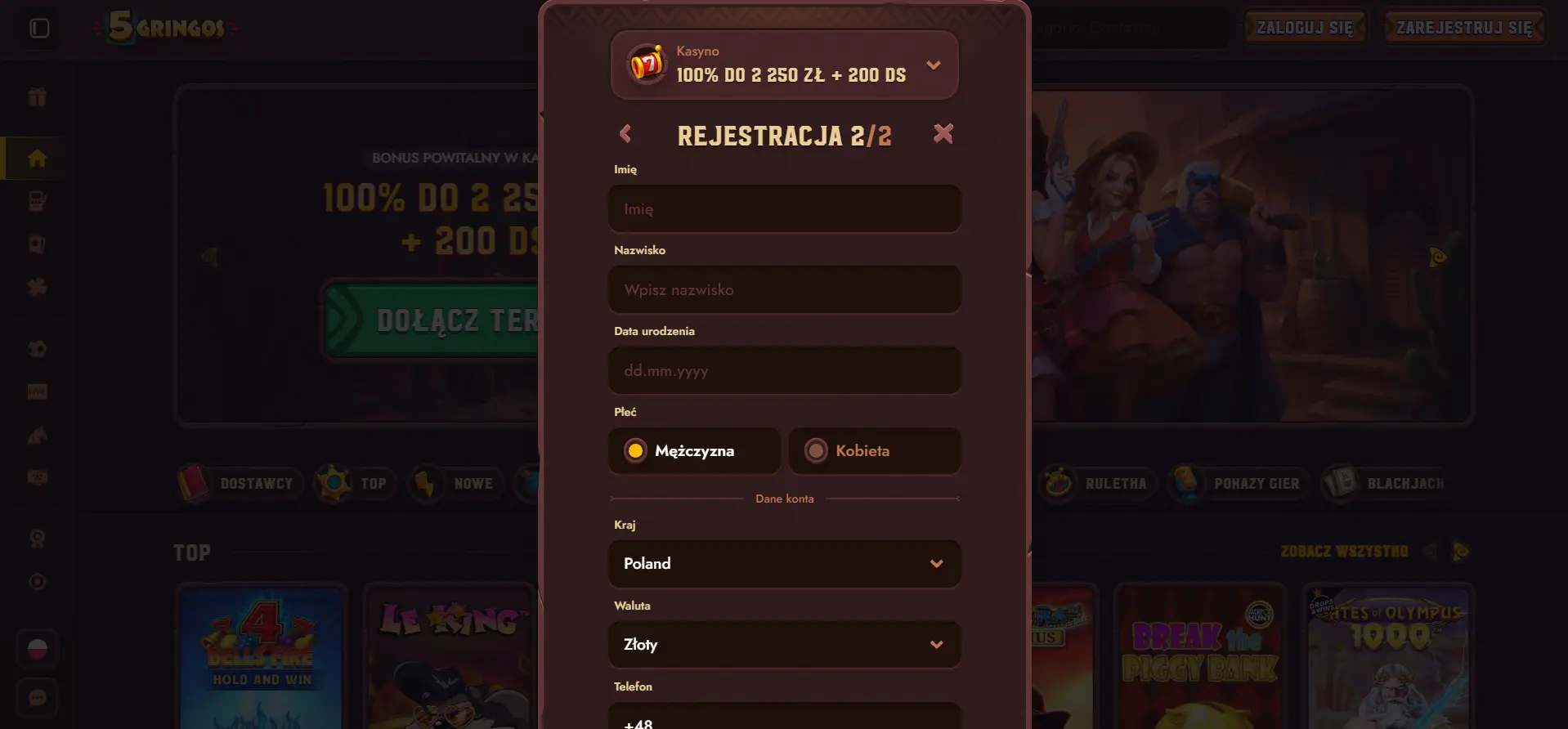 Rejestracja w 5 Gringos Casino