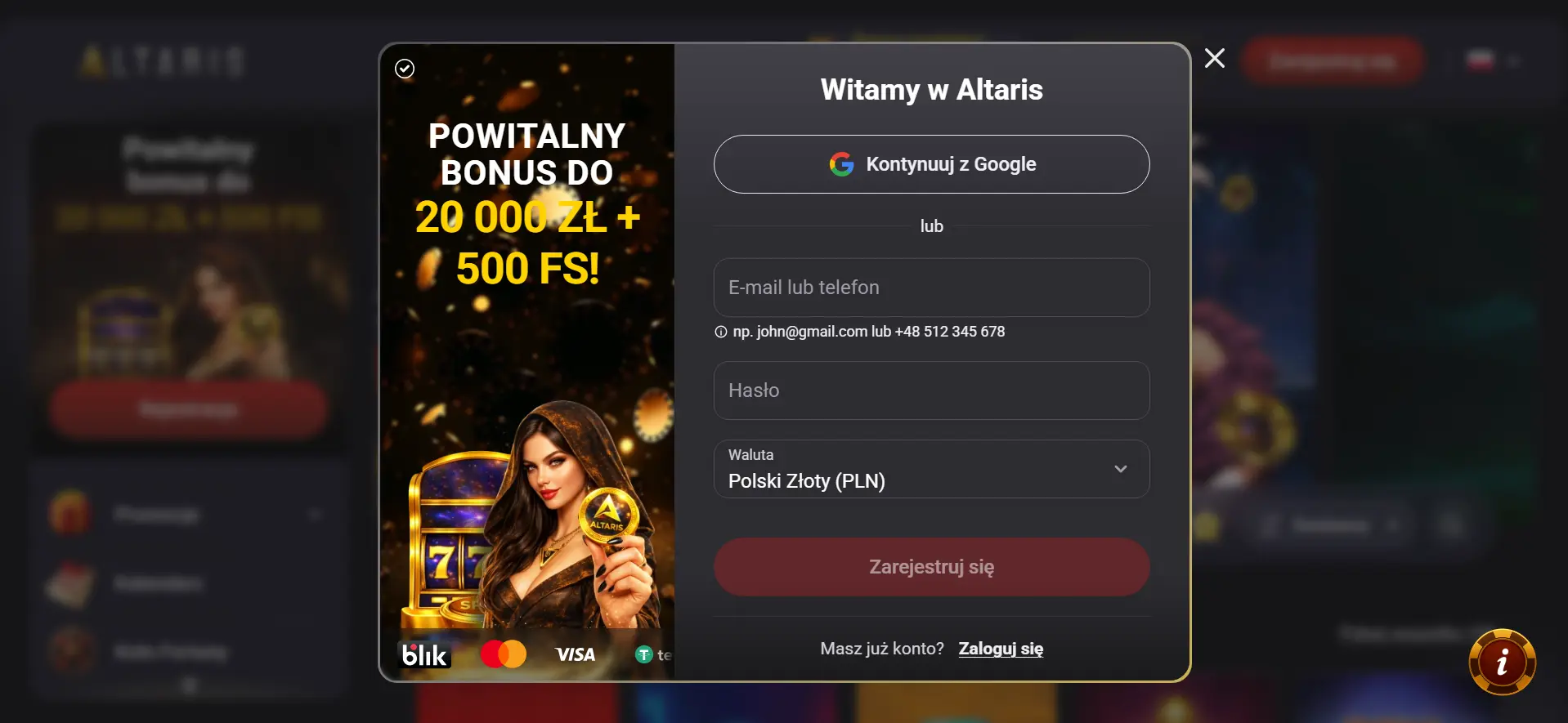 Rejestracja w Altaris Casino