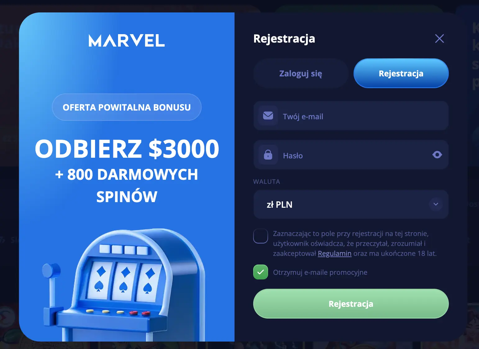 Rejestracja w Marvel casino