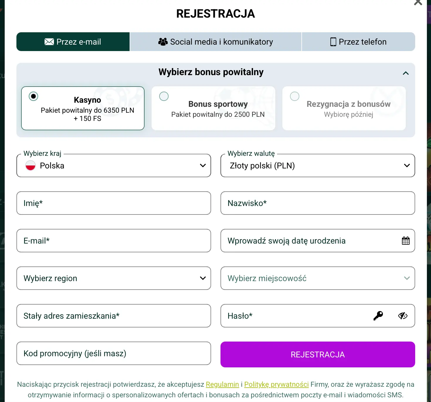 Rejestracja w Spinbetter