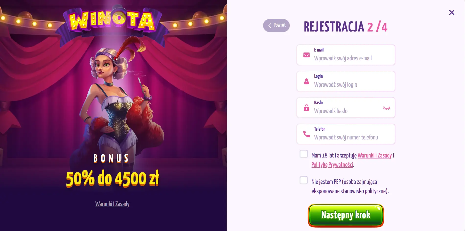 Rejestracja w Winota Casino