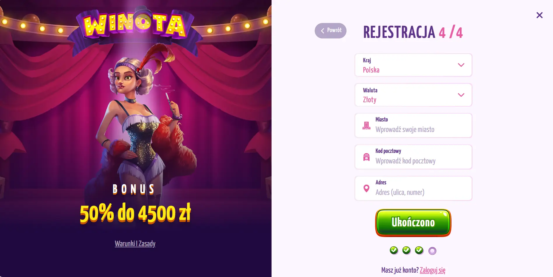 Rejestracja w Winota Casino
