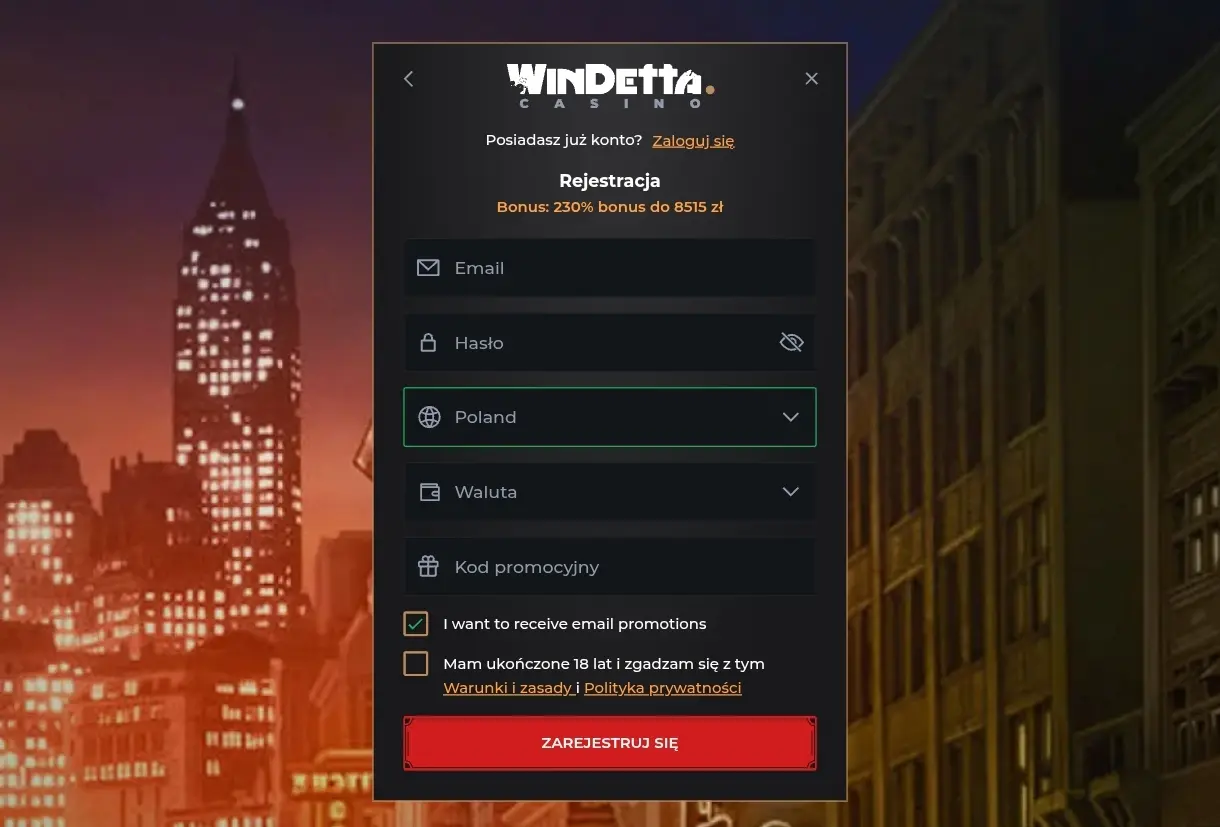 Windetta Casino rejestracja
